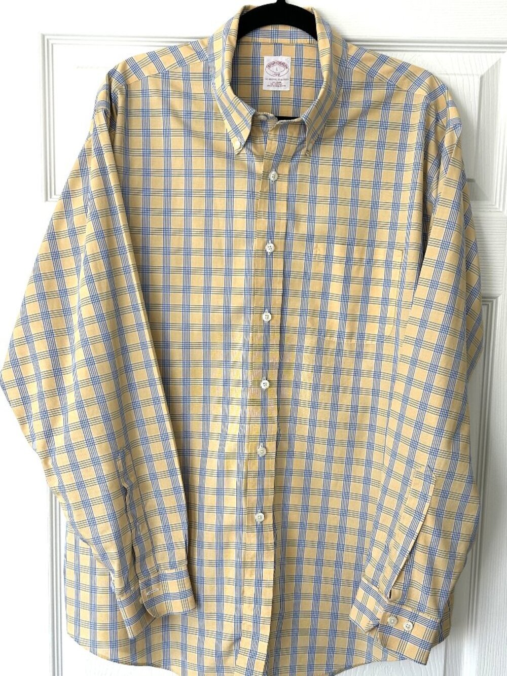 Brooks Brothers 346 Dress Shirt Men L Yellow Blue Plaid Button Front 17x36